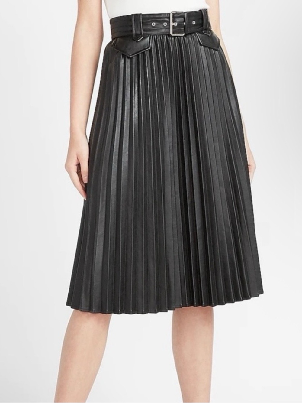 Express Pleated Faux Leather Midi Skirt - Black